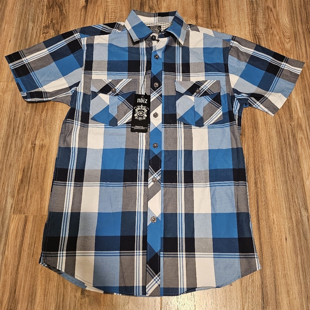 NWT Noize Blue, White, Grey, & Black Button Down Shirt